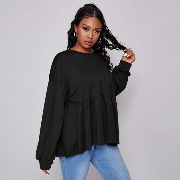 

Plus Drop Shoulder Ruffle Hem Sweatshirt, Black