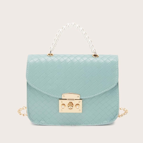 

Faux Pearl Handle Woven Pattern Satchel Bag, Blue