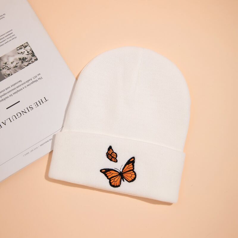 

Butterfly Embroidery Beanie, White