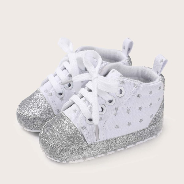 

Baby Boy Glitter Cap Toe Lace Up Front Sneakers, White