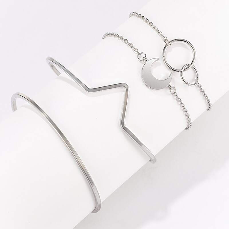 

4pcs Moon & Rhinestone Decor Bracelet, Silver