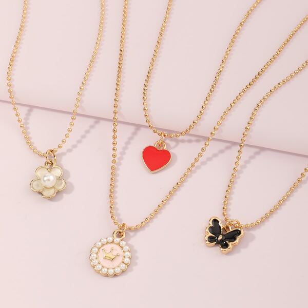 

4pcs Toddler Girls Flower & Heart Pendant Necklace, Multicolor