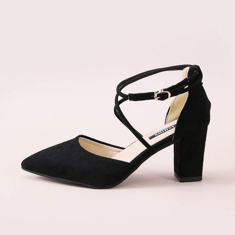 

Point Toe Ankle Strap Chunky Heels, Black