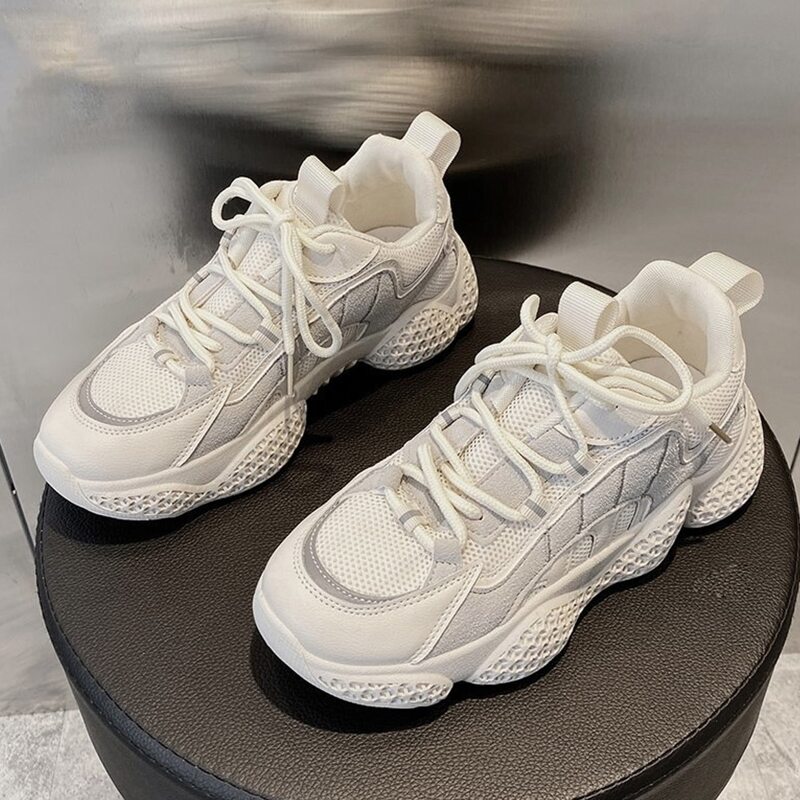

Lace-up Front Mesh Chunky Sneakers, Beige