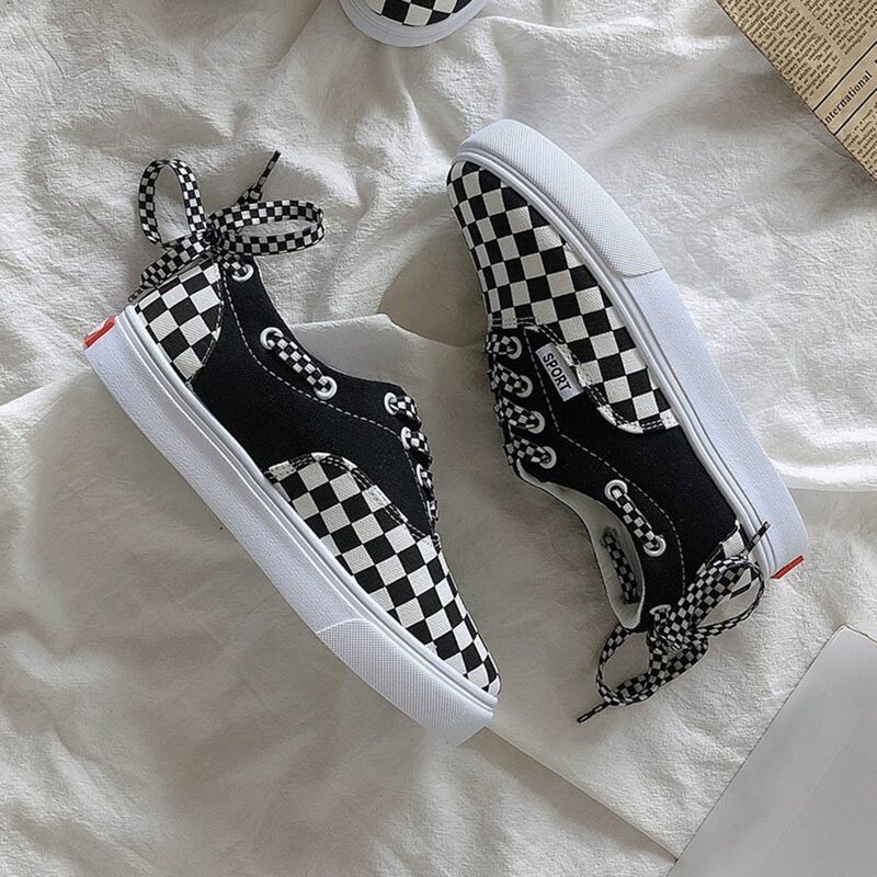 

Checkerboard Lace-up Front Canvas Sneakers, Black