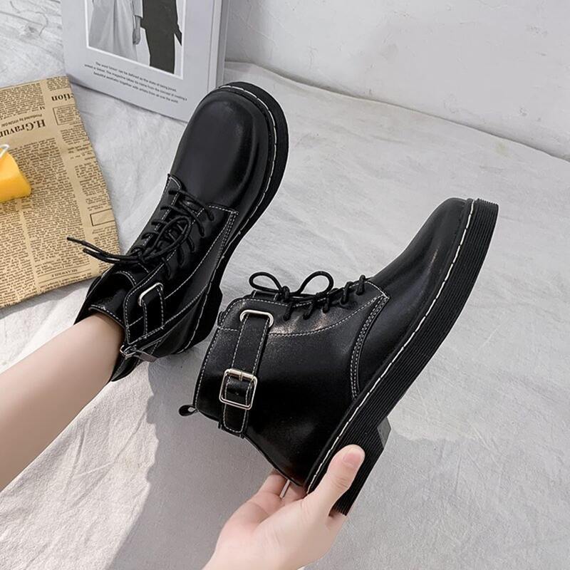 

Buckle Decor Lace-up Ankle Boots, Black
