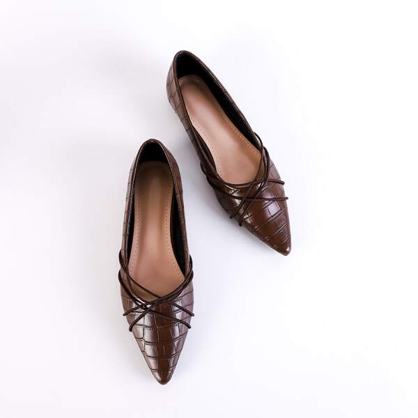 

Point Toe Croc Embossed Flats, Brown