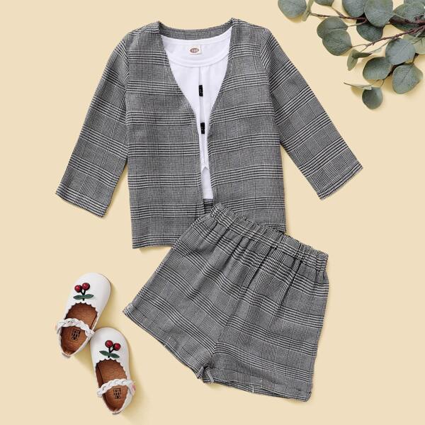 

Toddler Girls Button Detail Tee & Plaid Shorts & Coat, Multicolor
