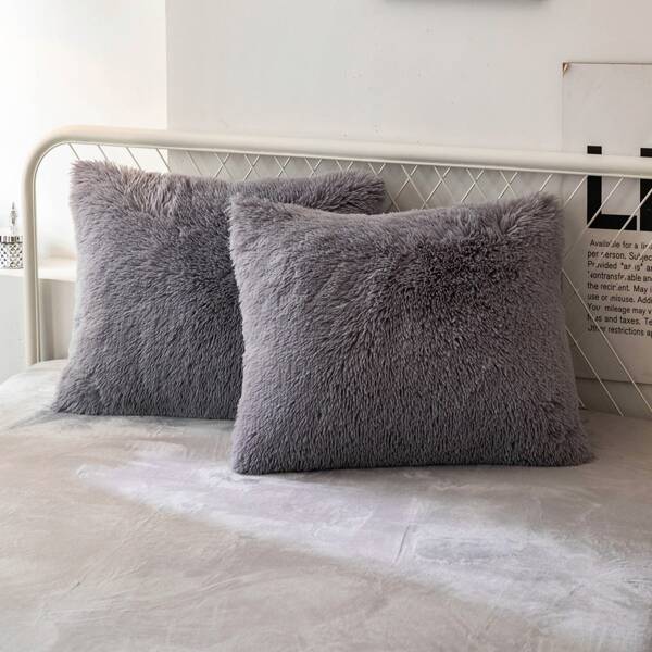 

1pair Solid Plush Shaggy Pillowcase Without Filler, Grey