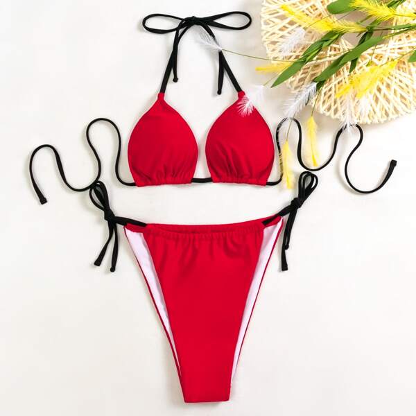 

Triangle Halter Tie Side Bikini Swimsuit, Red