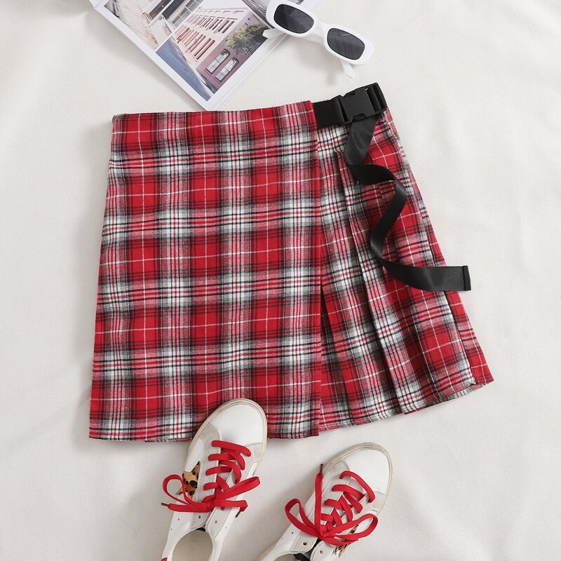 

Push Buckle Belted Side Wrap Front Tartan Skirt, Red and white