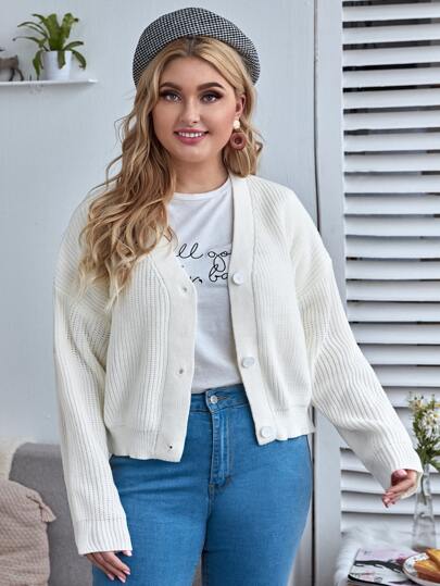 Plus Button Front Drop Shoulder Cardigan
