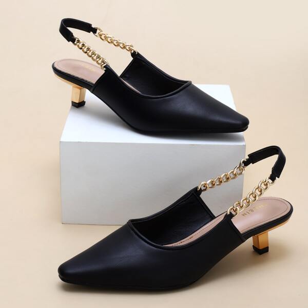 

Chain Detail Slingback Kitten Heels, Black