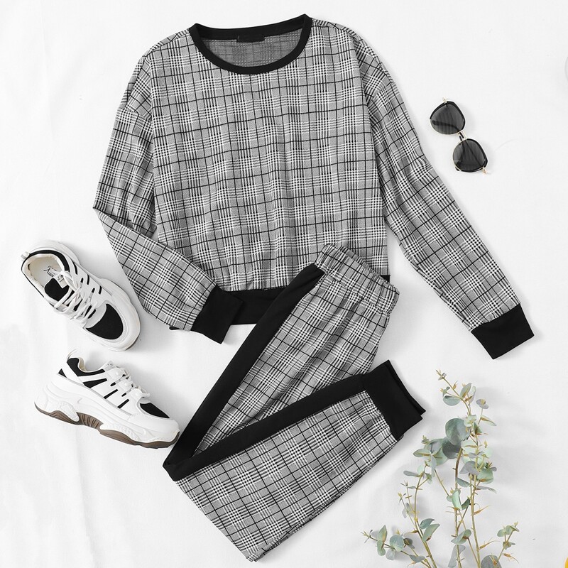 

Plaid Drop Shoulder Sweatshirt & Sweatpants, Grey