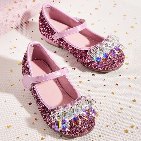 

Toddler Girls Glitter Crystal Decor Velcro Strap Flats, Pink
