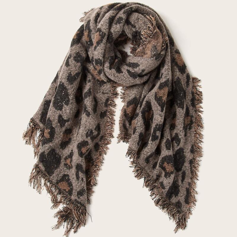 

Leopard Raw Hem Scarf, Black