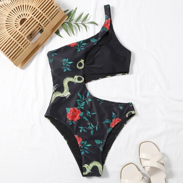 

Chinese Dragon & Floral Cut-out One Piece Swimsuit, Black