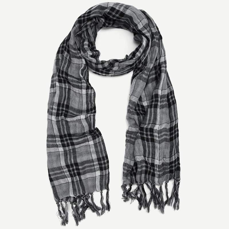 

Plaid Pattern Tassel Scarf, Grey