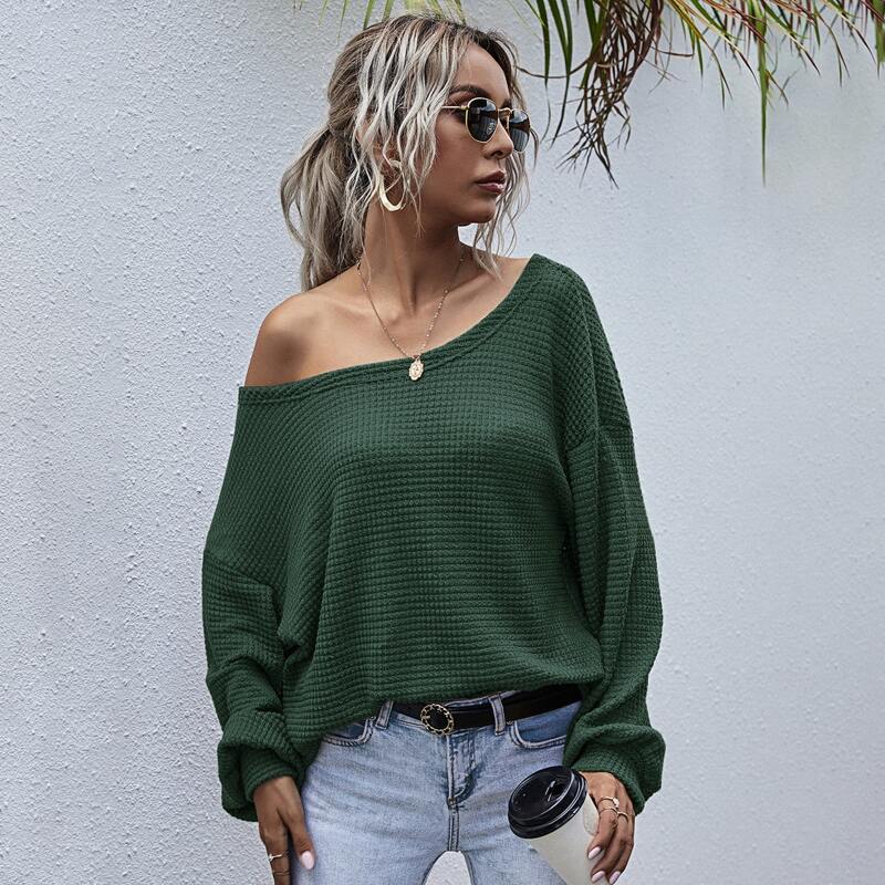 

Drop Shoulder Oversized Waffle Tee, Dark green