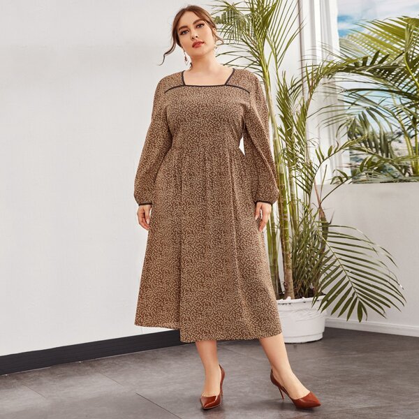 

Plus Ditsy Floral Print A-line Dress, Brown
