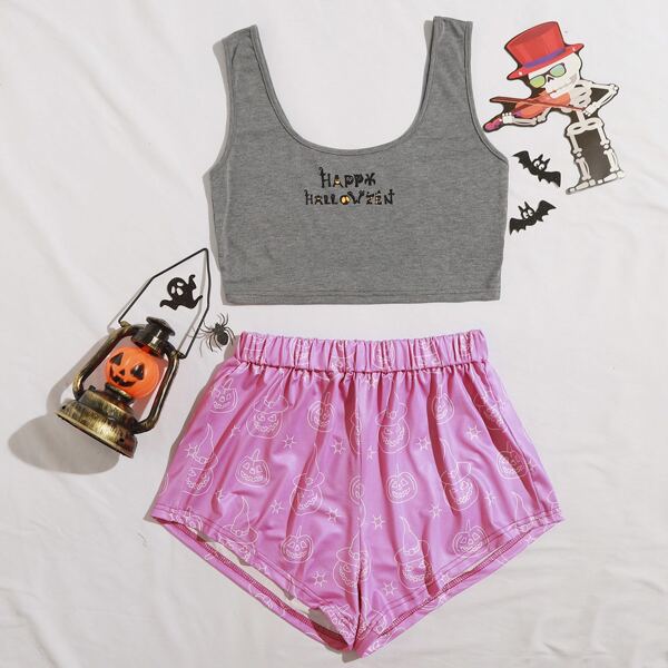 

Halloween Print Tank Top & Shorts Pajama Set, Multicolor