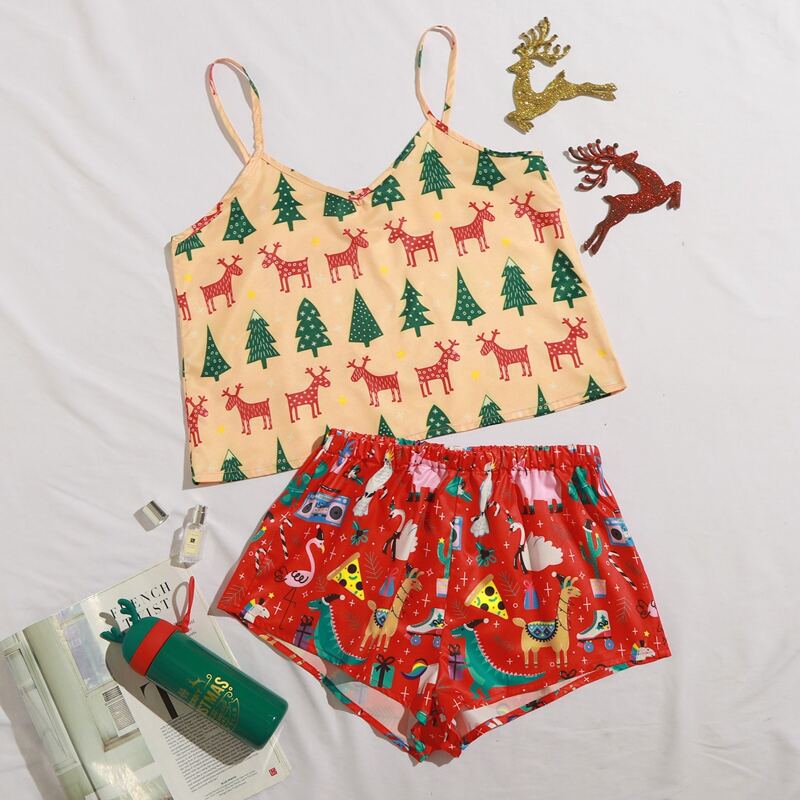 

Christmas Print Cami Pajama Set, Multicolor