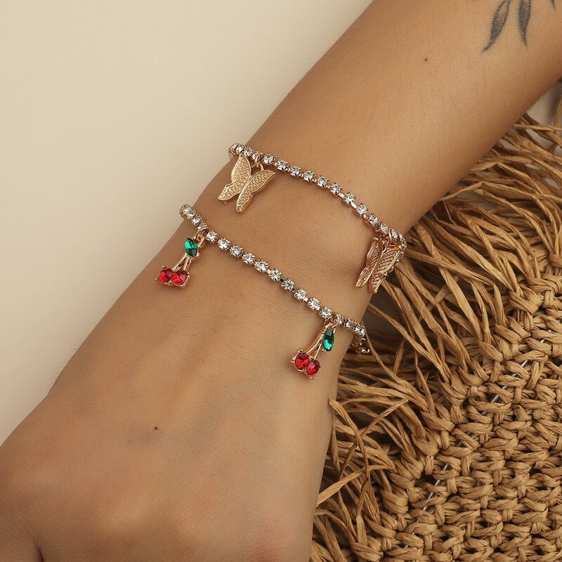 

2pcs Butterfly & Cherry Decor Bracelet, Gold
