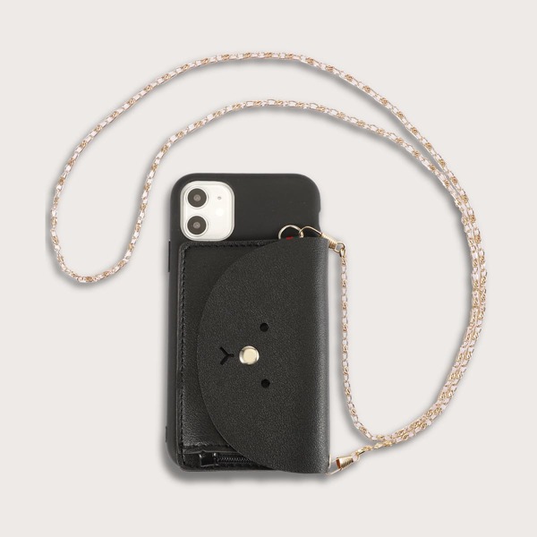 

1pc Chain Detail Wallet iPhone Case, Black