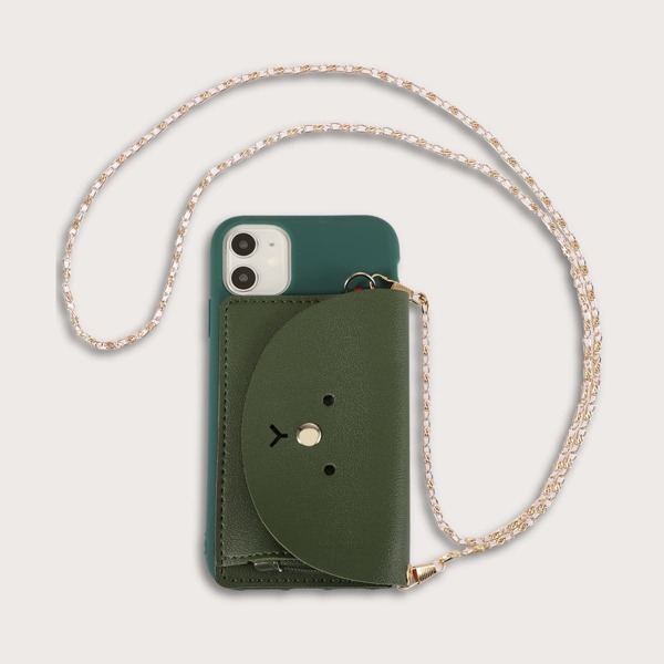 

1pc Chain Detail Wallet iPhone Case, Green