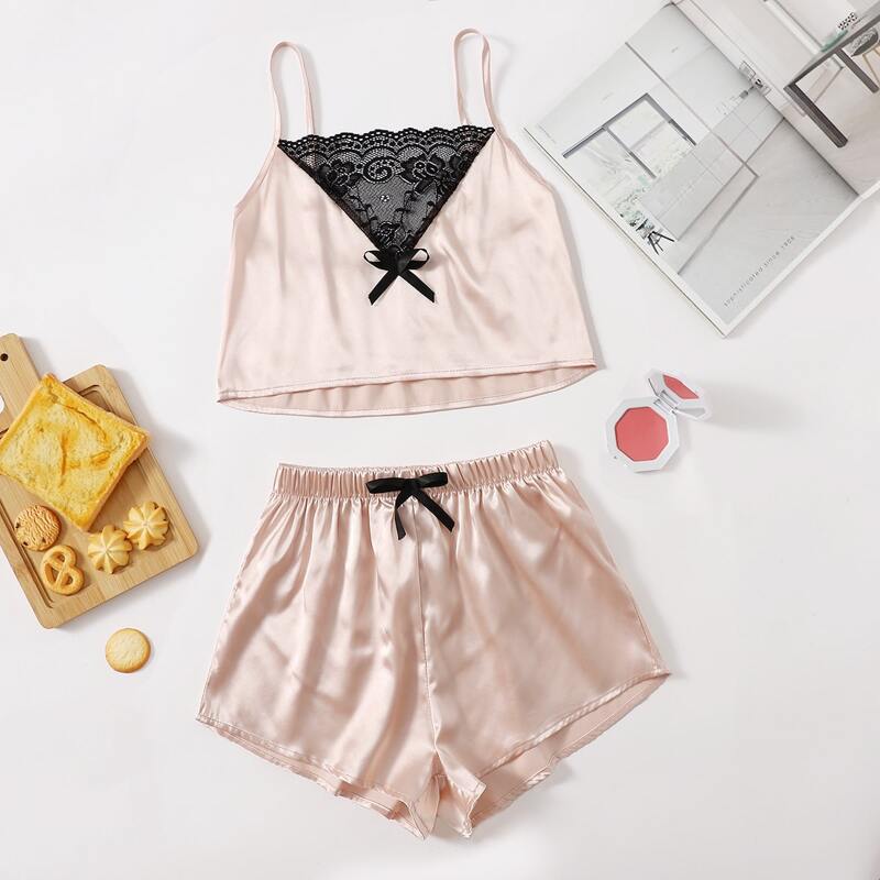 

Lace Panel Bow Front Satin Cami Night Set, Baby pink
