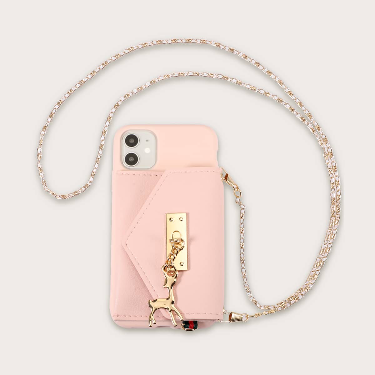 

1pc Chain Detail Wallet iPhone Case, Pink
