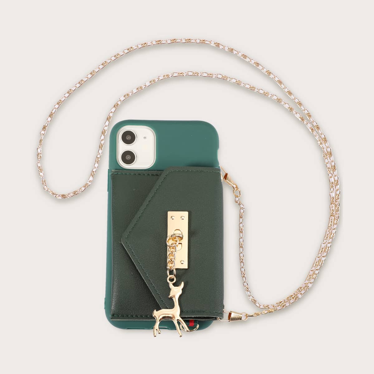 

1pc Chain Detail Wallet iPhone Case, Green