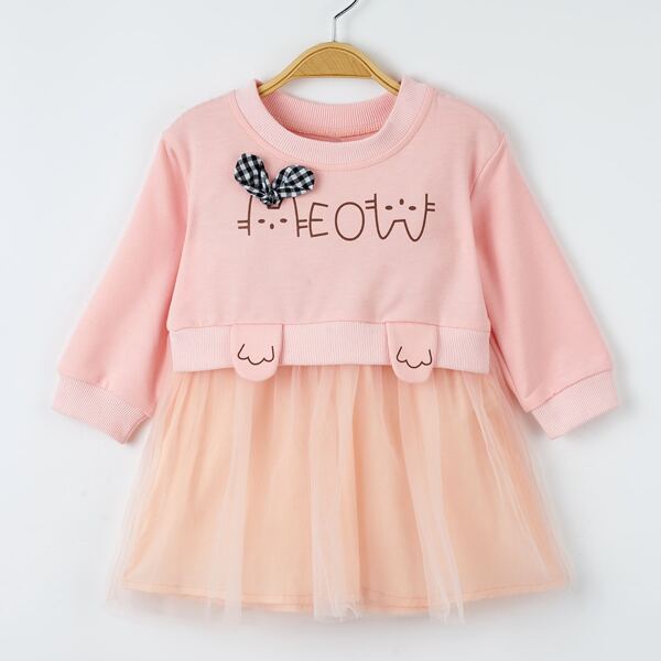 

Baby Girl Contrast Mesh Cartoon Graphic Sweatshirt Dress, Pink pastel