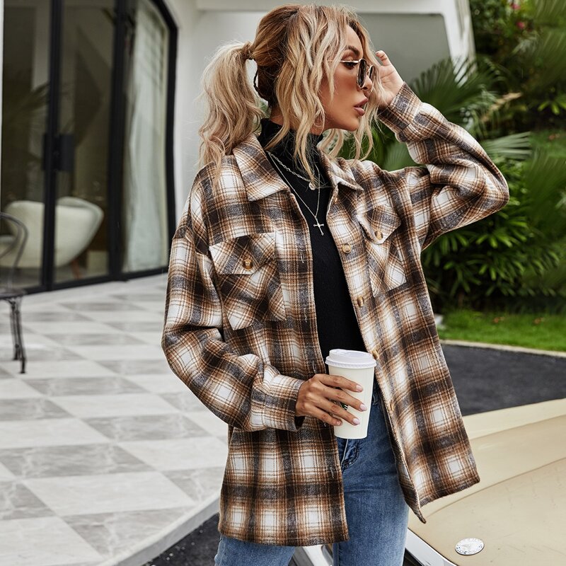 

Flap Pocket Drop Shoulder Plaid Overcoat, Multicolor