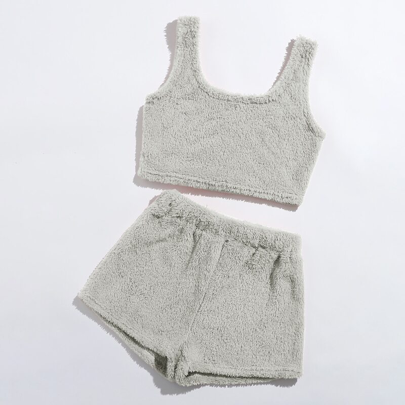 

Flannel Crop Tank Top With Shorts Lounge Set, Light grey