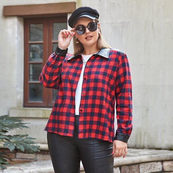 

Plus Gingham Print Single Breasted Jacket, Multicolor