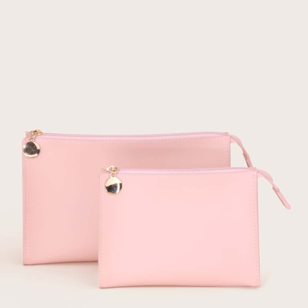 

2pcs Solid Makeup Bag, Pink