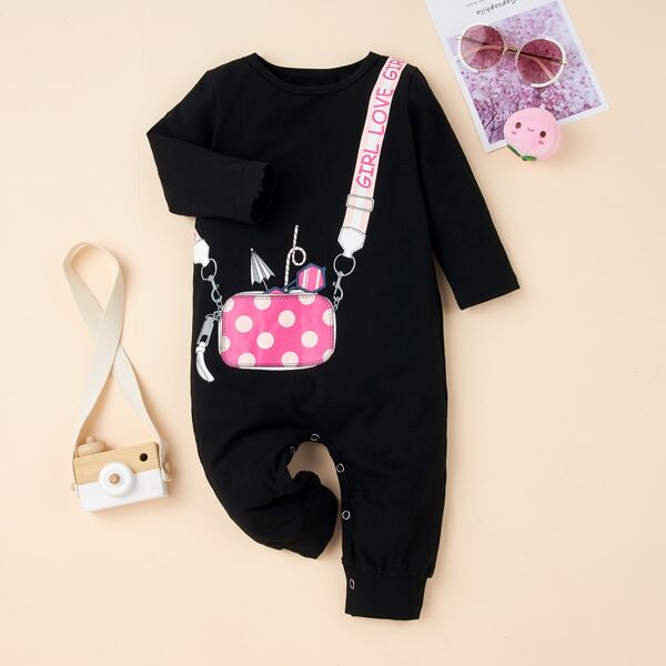 

Baby Girl Bag & Letter Graphic Jumpsuit, Black