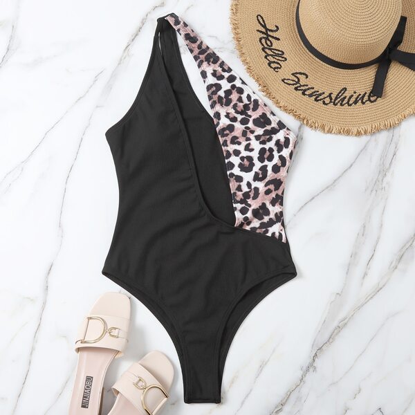 

Graphic Cut-out One Shoulder One Piece Swimsuit, Black