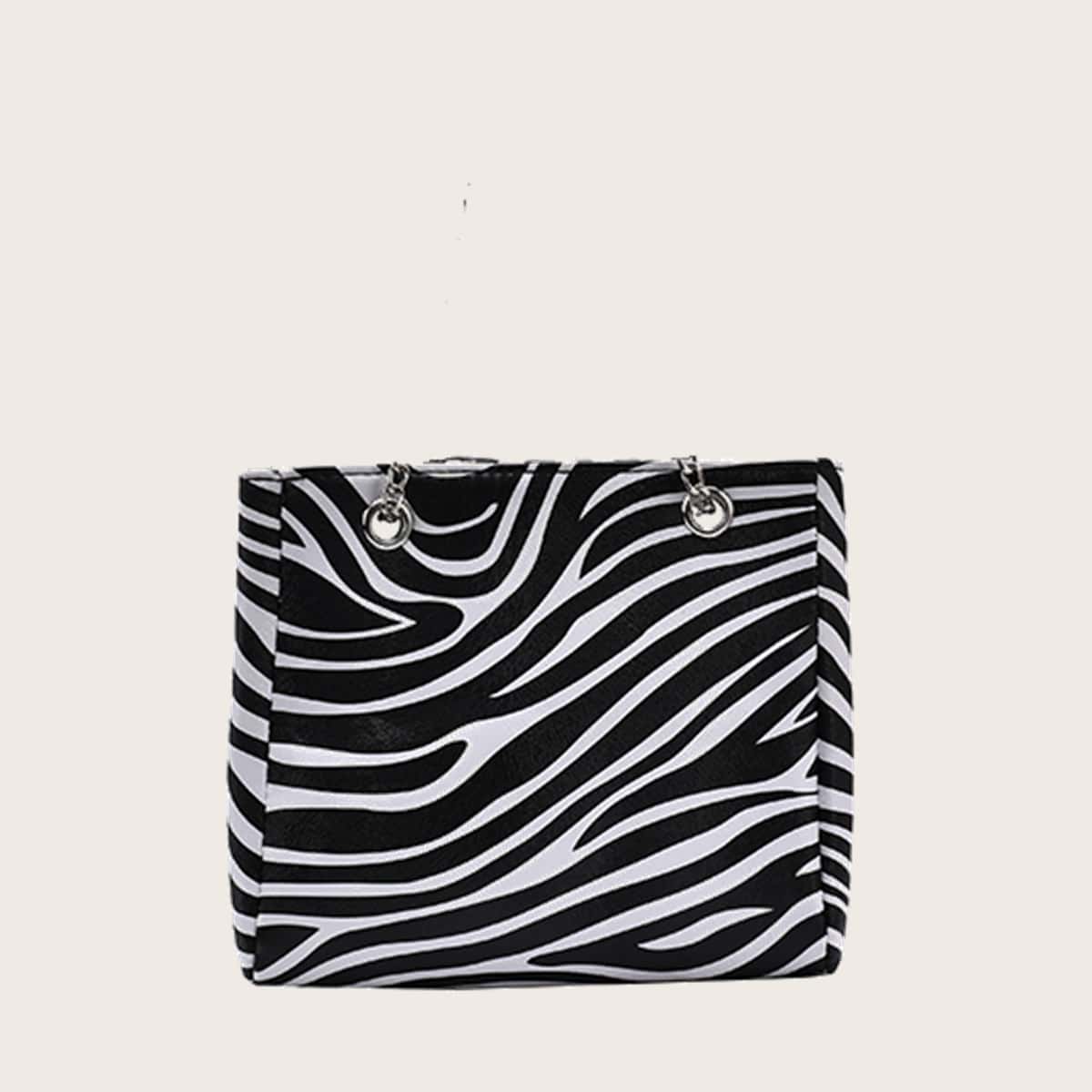 

Zebra Stripe Chain Bag, Black and white