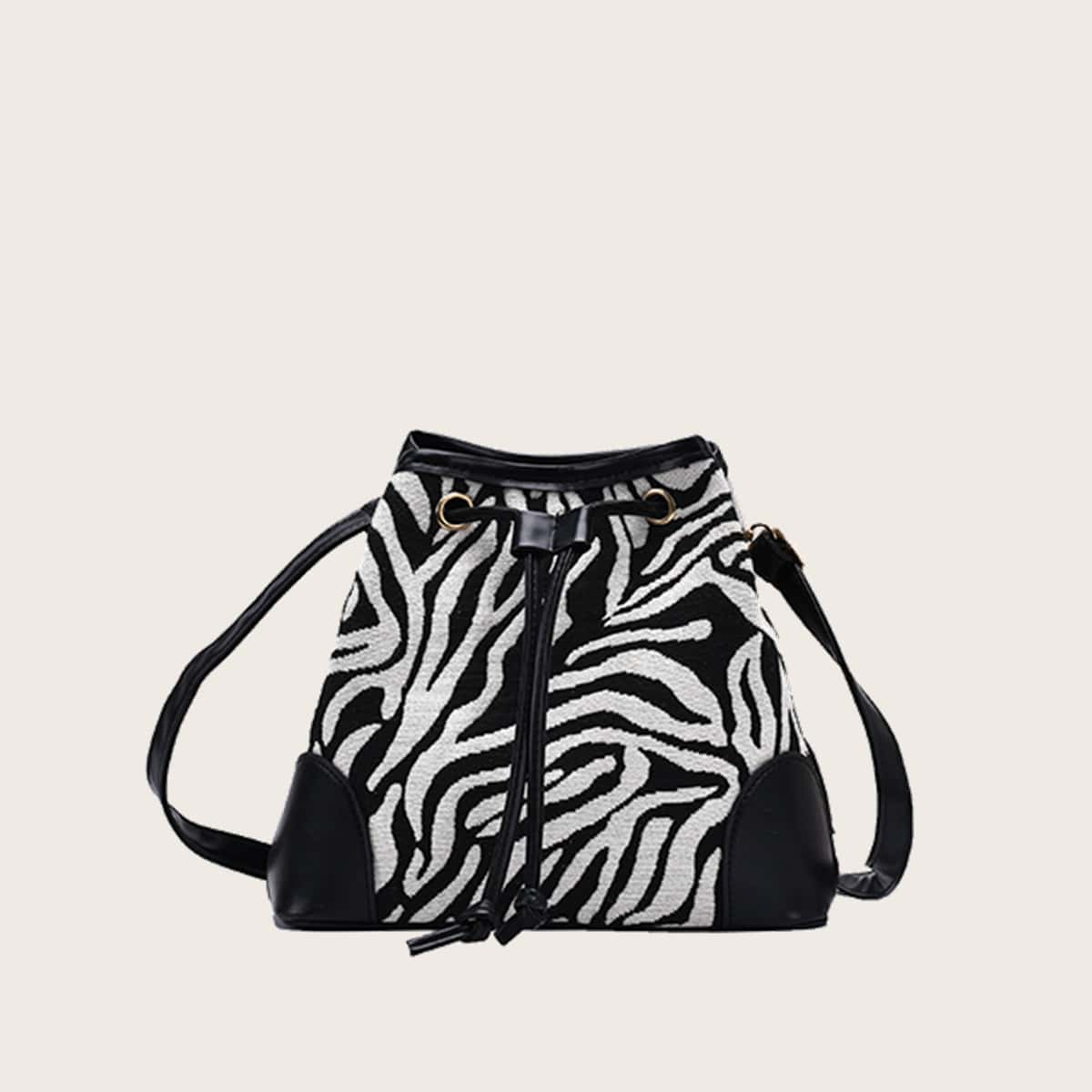 

Zebra Stripe Drawstring Bucket Bag, Black and white