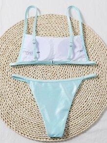Metallic Tanga Bikini Set Summer Beach - Baby Blue - View 2