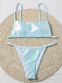 Metallic Tanga Bikini Set Summer Beach - Baby Blue - View 3