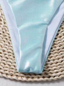 Metallic Tanga Bikini Set Summer Beach - Baby Blue - View 5