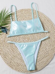Metallic Tanga Bikini Set Summer Beach - Baby Blue - View 6