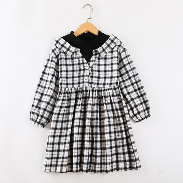 

Girls Plaid Print Button Detail A-line Dress, Black and white