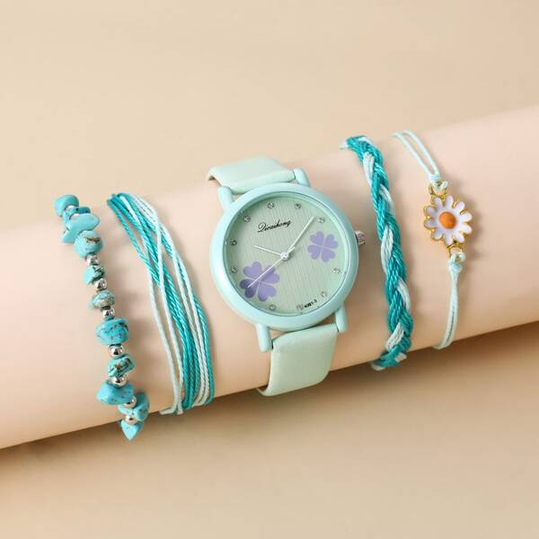 

5pcs Kids Round Pointer Quartz Watch With Bracelet