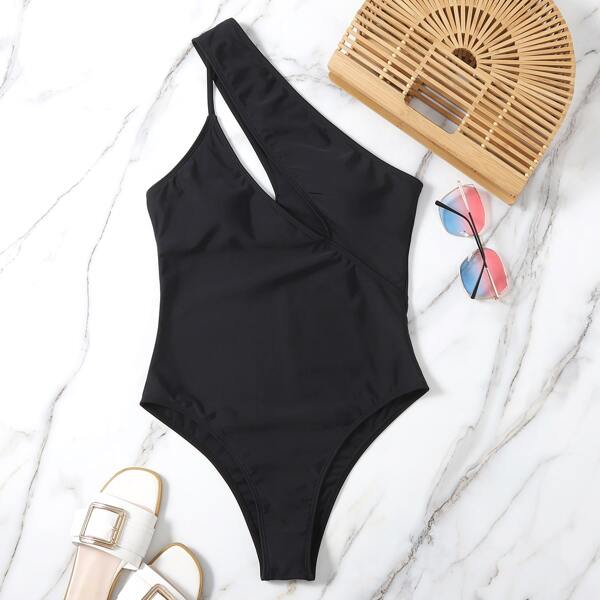 

Cut-out One Shoulder One Piece Swimsuit, Black