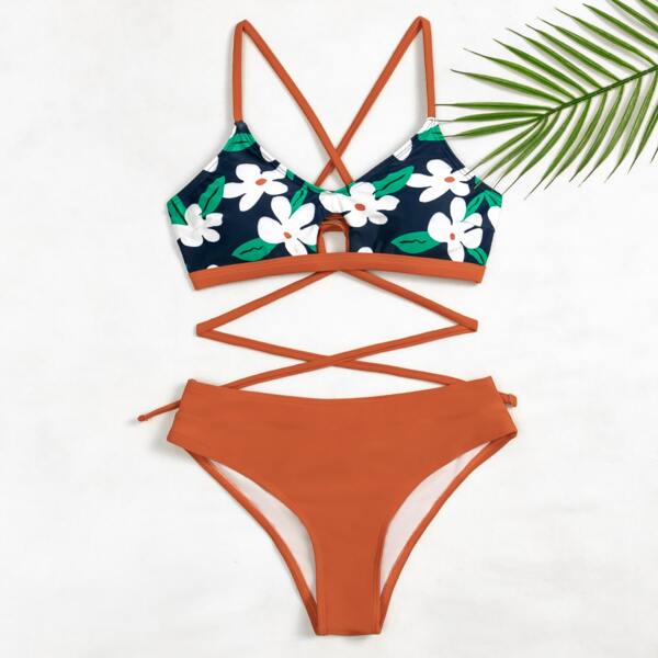 

Floral Crisscross Bikini Swimsuit, Multicolor
