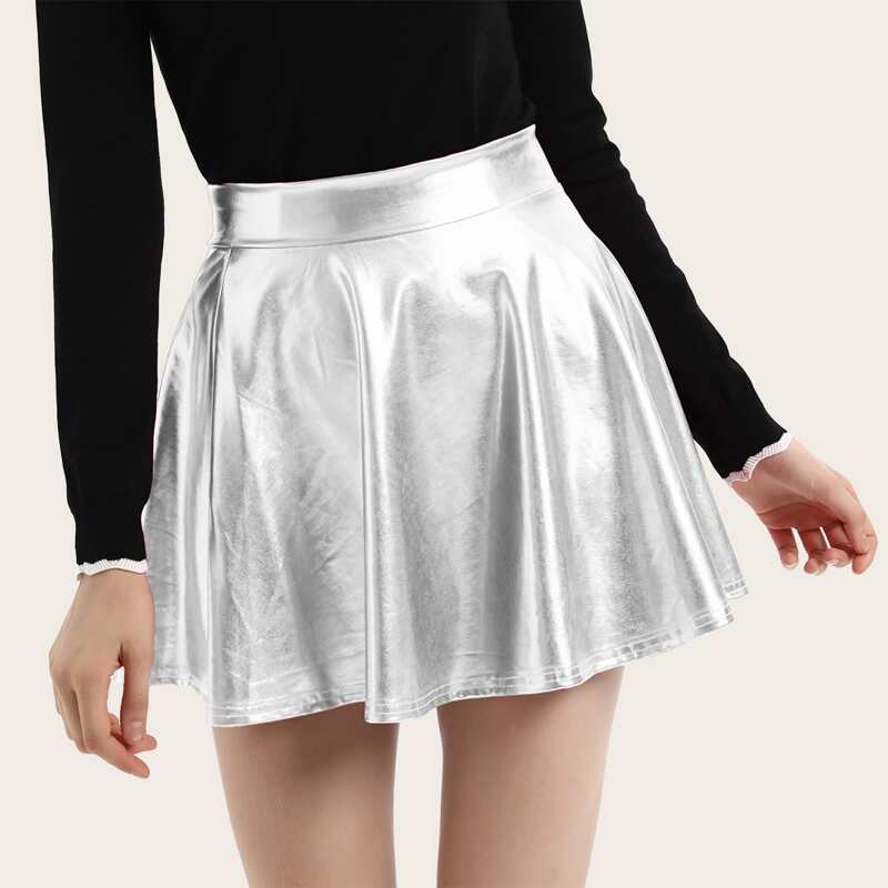 

Kate Kasin High Waist Metallic Skirt, Silver